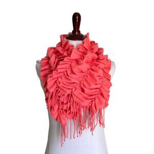 So Soft! Smocked Ruffled Coral Acrylic Scarf With Fringe Cashmere Feel